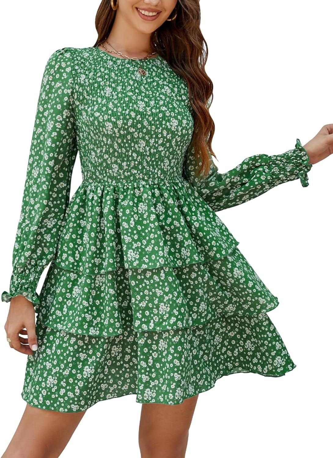 Moreone Women'S Long Sleeve Smocked Crew Neck Dress Floral Print Tiered Ruffle a Line Flowy Mini Dress Floral Green / Large