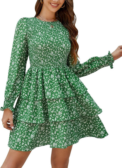 Moreone Women'S Long Sleeve Smocked Crew Neck Dress Floral Print Tiered Ruffle a Line Flowy Mini Dress Floral Green / Large