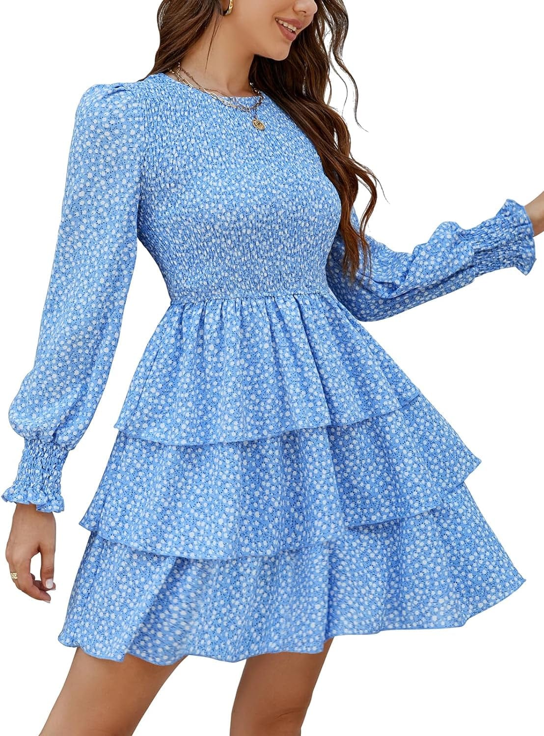 Moreone Women'S Long Sleeve Smocked Crew Neck Dress Floral Print Tiered Ruffle a Line Flowy Mini Dress Floral Blue / Large