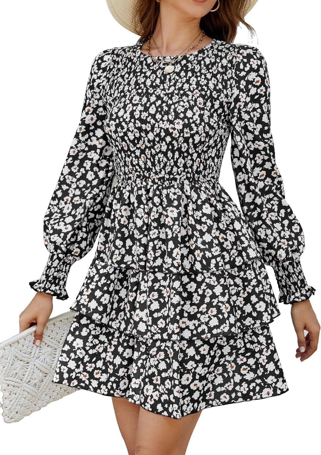 Moreone Women'S Long Sleeve Smocked Crew Neck Dress Floral Print Tiered Ruffle a Line Flowy Mini Dress Floral Black / Large