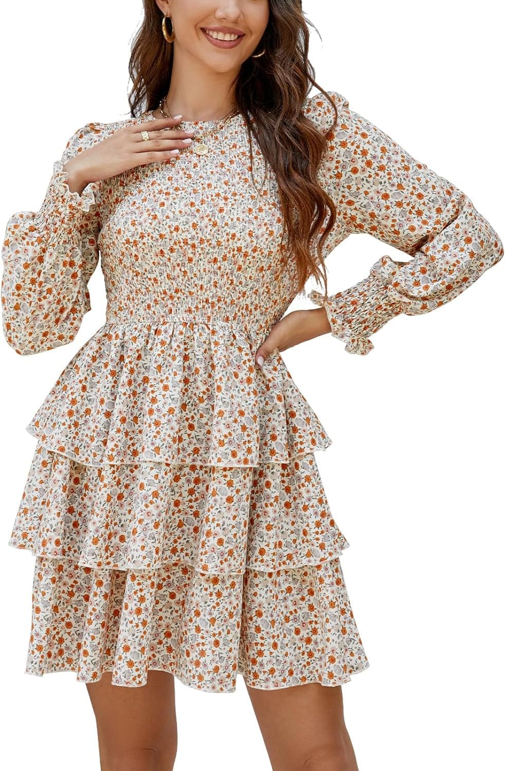 Moreone Women'S Long Sleeve Smocked Crew Neck Dress Floral Print Tiered Ruffle a Line Flowy Mini Dress Floral White / Large