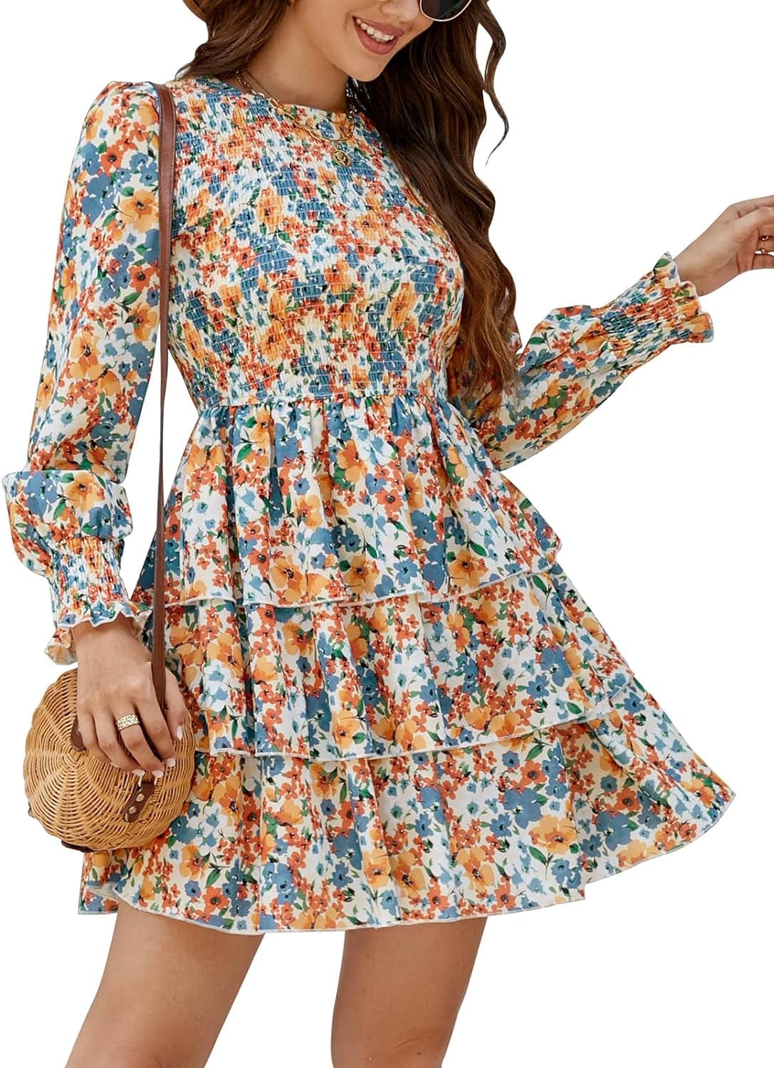 Moreone Women'S Long Sleeve Smocked Crew Neck Dress Floral Print Tiered Ruffle a Line Flowy Mini Dress Floral Orange / X-Large