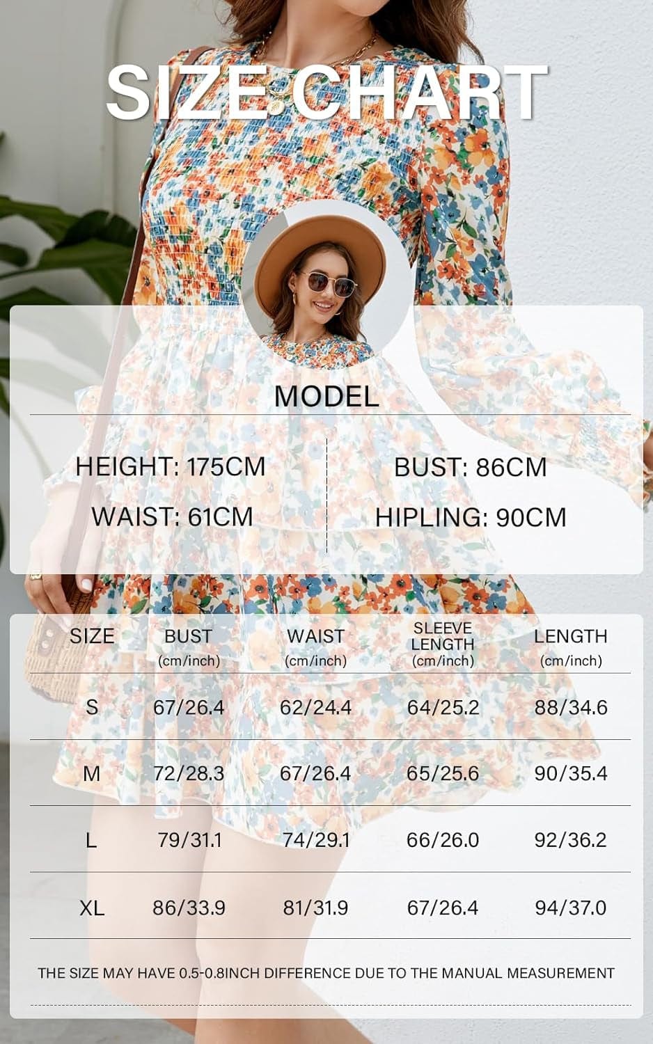 Moreone Women'S Long Sleeve Smocked Crew Neck Dress Floral Print Tiered Ruffle a Line Flowy Mini Dress