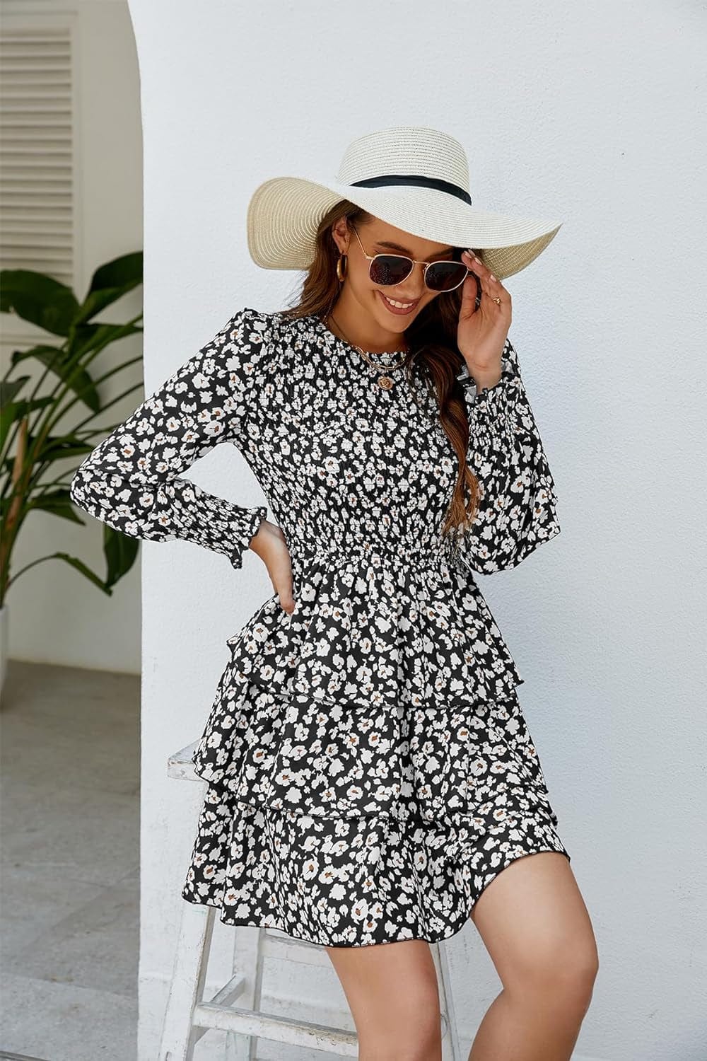 Moreone Women'S Long Sleeve Smocked Crew Neck Dress Floral Print Tiered Ruffle a Line Flowy Mini Dress