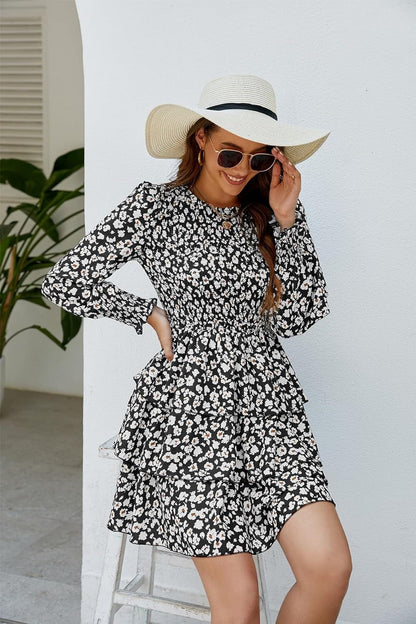 Moreone Women'S Long Sleeve Smocked Crew Neck Dress Floral Print Tiered Ruffle a Line Flowy Mini Dress