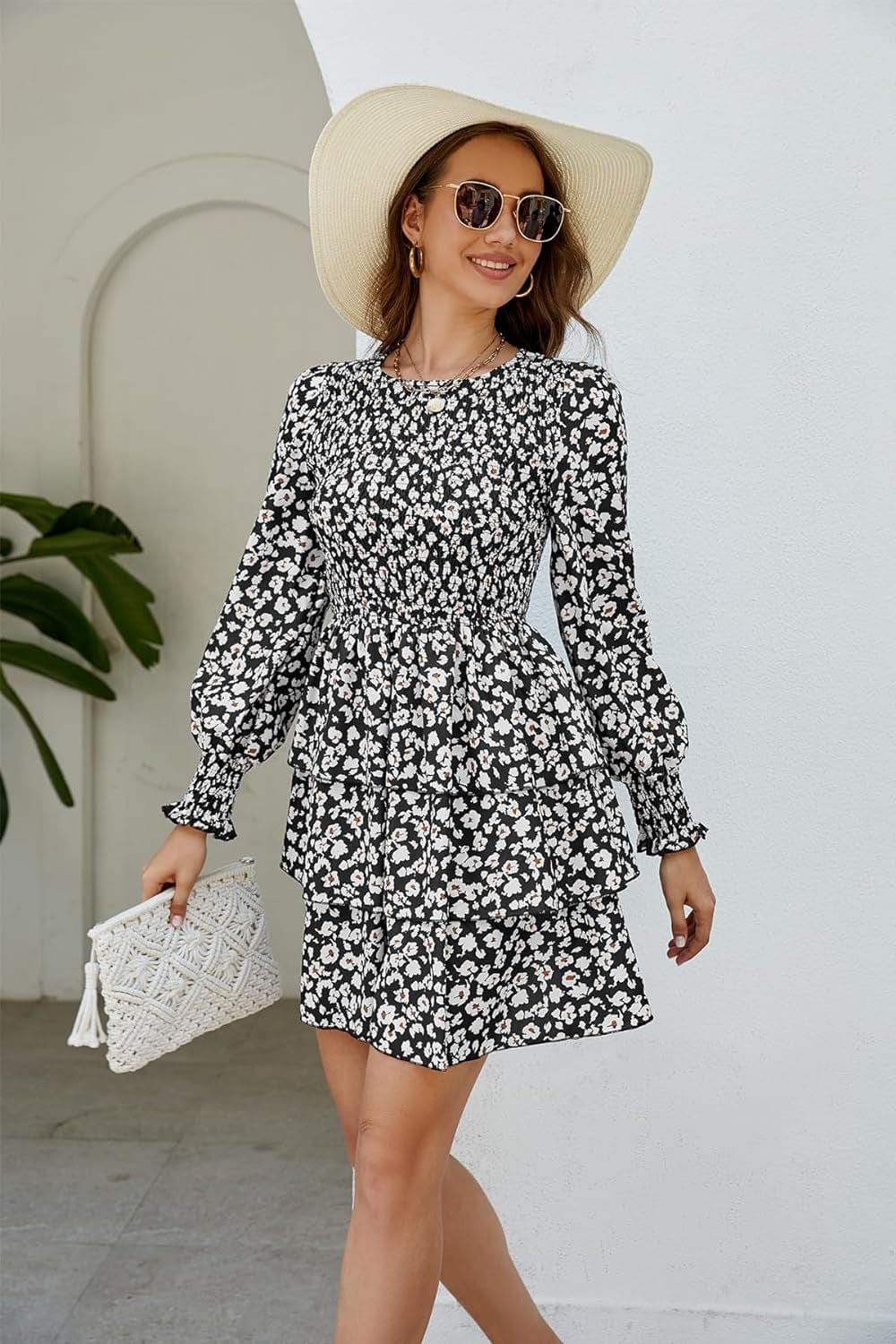 Moreone Women'S Long Sleeve Smocked Crew Neck Dress Floral Print Tiered Ruffle a Line Flowy Mini Dress