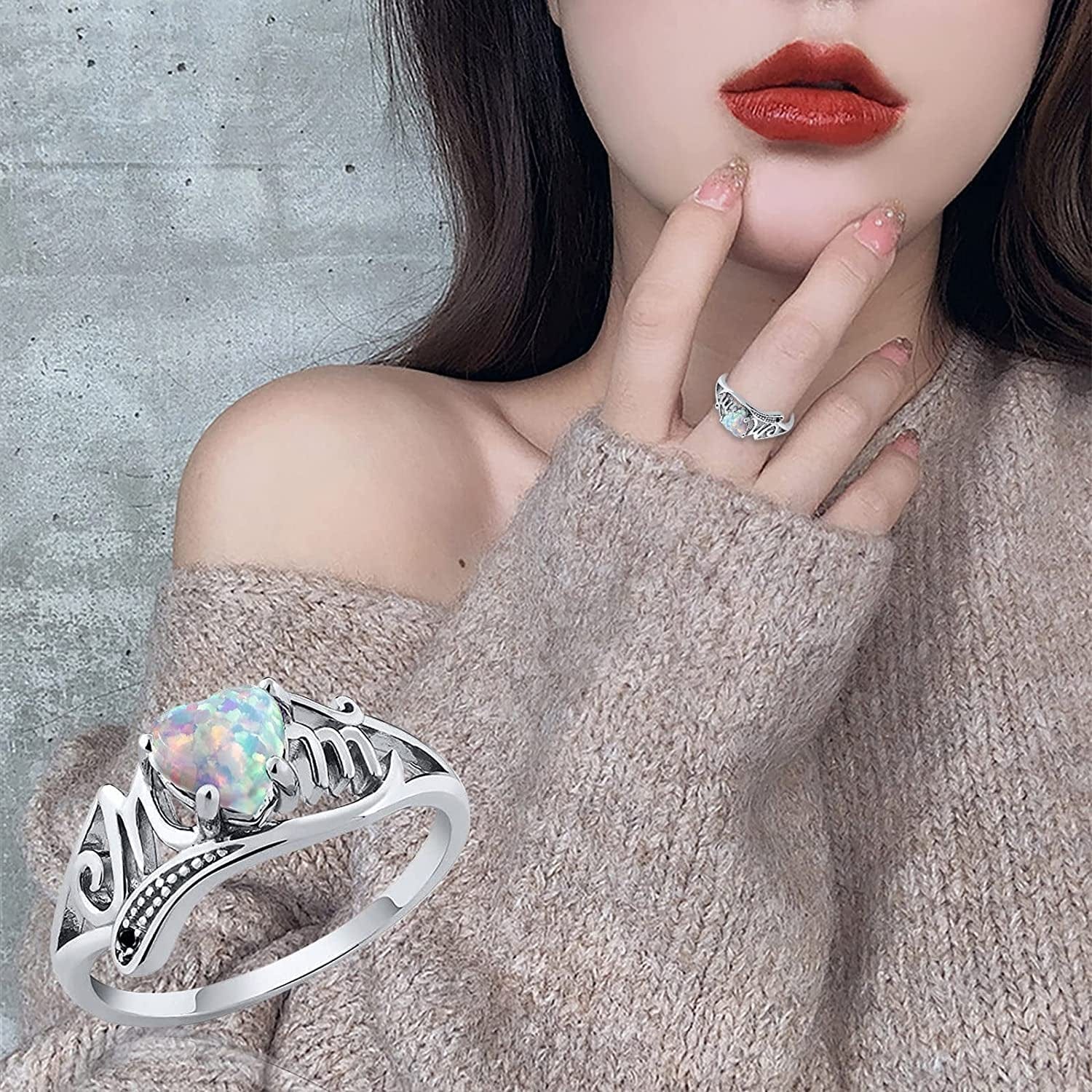 Mother Day Ring Opal Heart Letter Stainless Steel Diamond Band Statement Jewelry for Mom Grandmother, Stainless Steel,Rose Gold