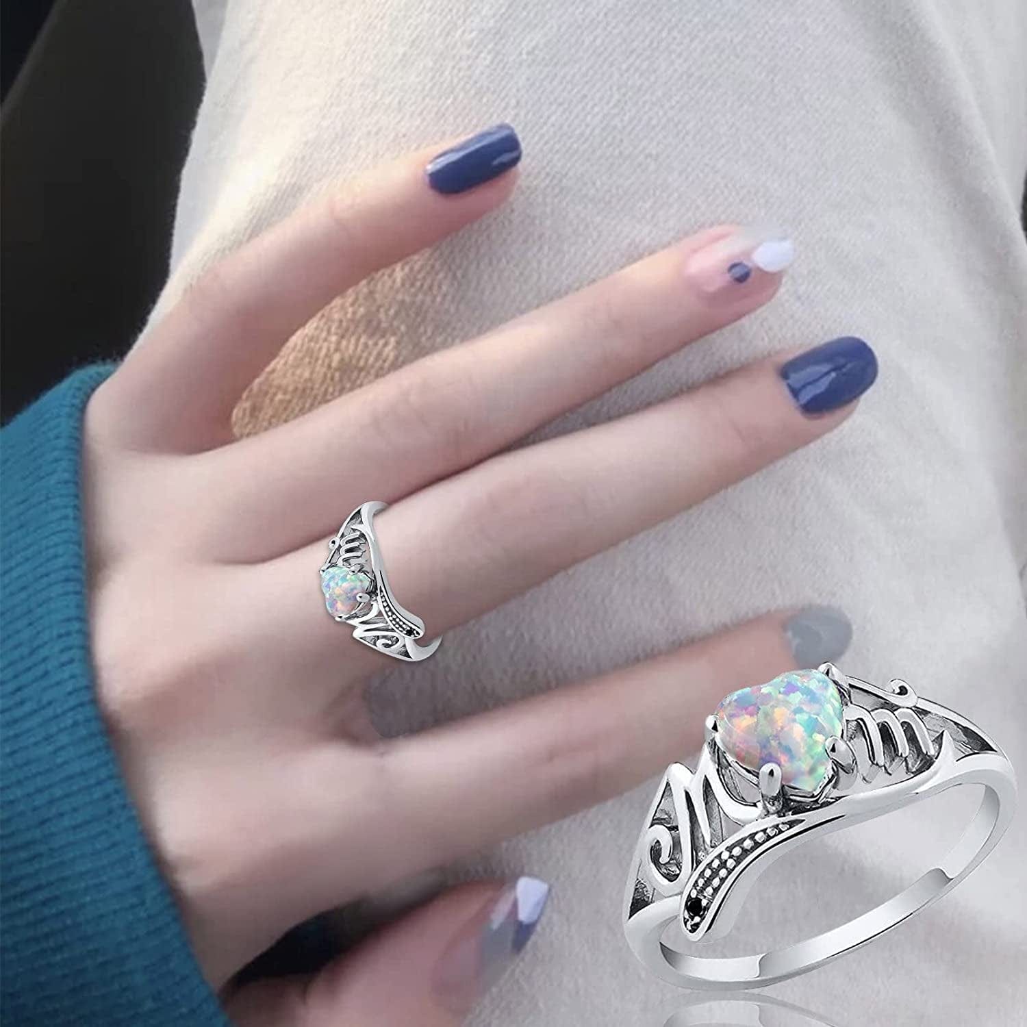 Mother Day Ring Opal Heart Letter Stainless Steel Diamond Band Statement Jewelry for Mom Grandmother, Stainless Steel,Rose Gold