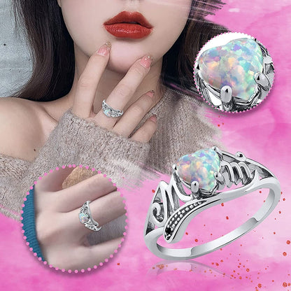Mother Day Ring Opal Heart Letter Stainless Steel Diamond Band Statement Jewelry for Mom Grandmother, Stainless Steel,Rose Gold