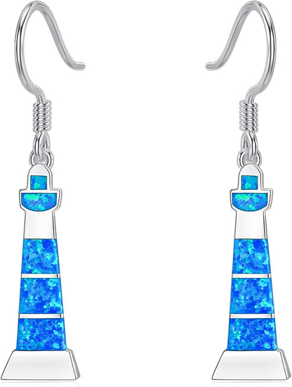 Mothers Day Gifts 925 Sterling Silver Lighthouse Y Necklace /Opal Lighthouse Dangle Earrings Lighthouse Jewelry Gifts for Women Girls Girlfriend Lover Lighthouse Earrings-1