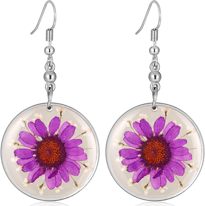 Multi-Colored Pressed Daisy & Queen Anne'S Lace Flowers 1.14" round Circle Drop Dangle Hook Earrings, 7 Colors Purple Daisy & White Queen Anne's Lace