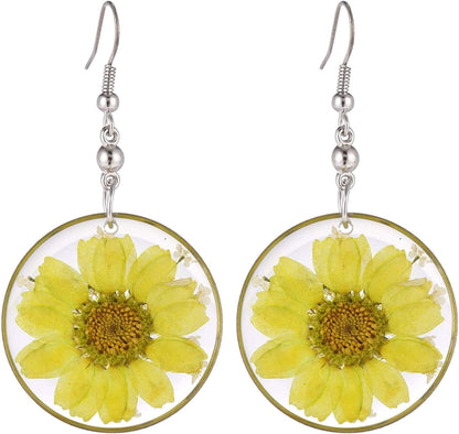 Multi-Colored Pressed Daisy & Queen Anne'S Lace Flowers 1.14" round Circle Drop Dangle Hook Earrings, 7 Colors Yellow Daisy & White Queen Anne's Lace