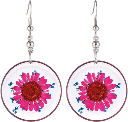 Multi-Colored Pressed Daisy & Queen Anne'S Lace Flowers 1.14" round Circle Drop Dangle Hook Earrings, 7 Colors Rose Daisy & Blue Queen Anne's Lace