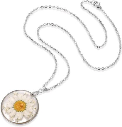 Multi-Colored Pressed Daisy & Queen Anne'S Lace Flowers 1.14" round Circle Drop Dangle Hook Earrings, 7 Colors