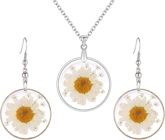 Multi-Colored Pressed Daisy & Queen Anne'S Lace Flowers 1.14" round Circle Drop Dangle Hook Earrings, 7 Colors White Daisy, Earrings & Necklace Set