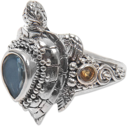 Multi Gem .925 Sterling Silver Ocean Life Cocktail Ring, Sea Turtle Enchantment' 6