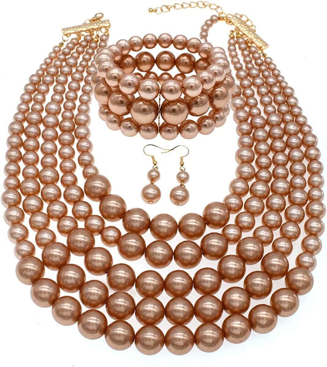Multi Layer Pearl Strand Costume Jewelry Sets Pearl Statement Necklace Bracelet and Earrings for Women Champagne Pearl Necklace