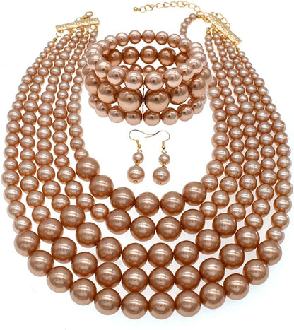 Multi Layer Pearl Strand Costume Jewelry Sets Pearl Statement Necklace Bracelet and Earrings for Women Champagne Pearl Necklace