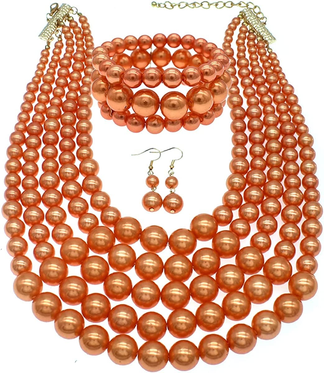 Multi Layer Pearl Strand Costume Jewelry Sets Pearl Statement Necklace Bracelet and Earrings for Women Orange Pearl Necklace
