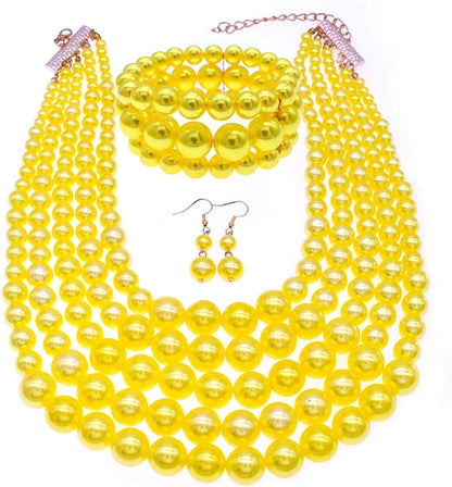 Multi Layer Pearl Strand Costume Jewelry Sets Pearl Statement Necklace Bracelet and Earrings for Women Yellow pearl necklace