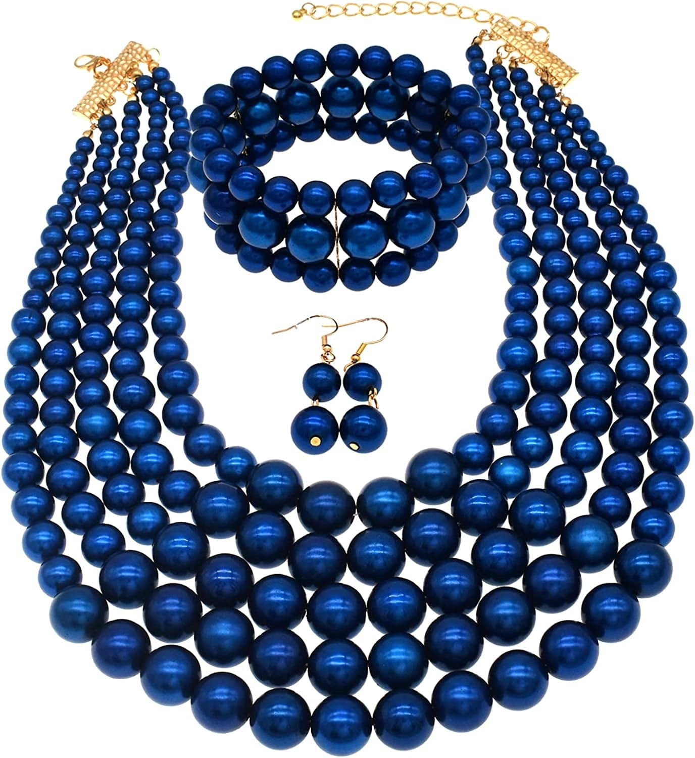 Multi Layer Pearl Strand Costume Jewelry Sets Pearl Statement Necklace Bracelet and Earrings for Women Royal blue pearl necklace