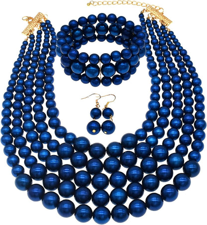 Multi Layer Pearl Strand Costume Jewelry Sets Pearl Statement Necklace Bracelet and Earrings for Women Royal blue pearl necklace