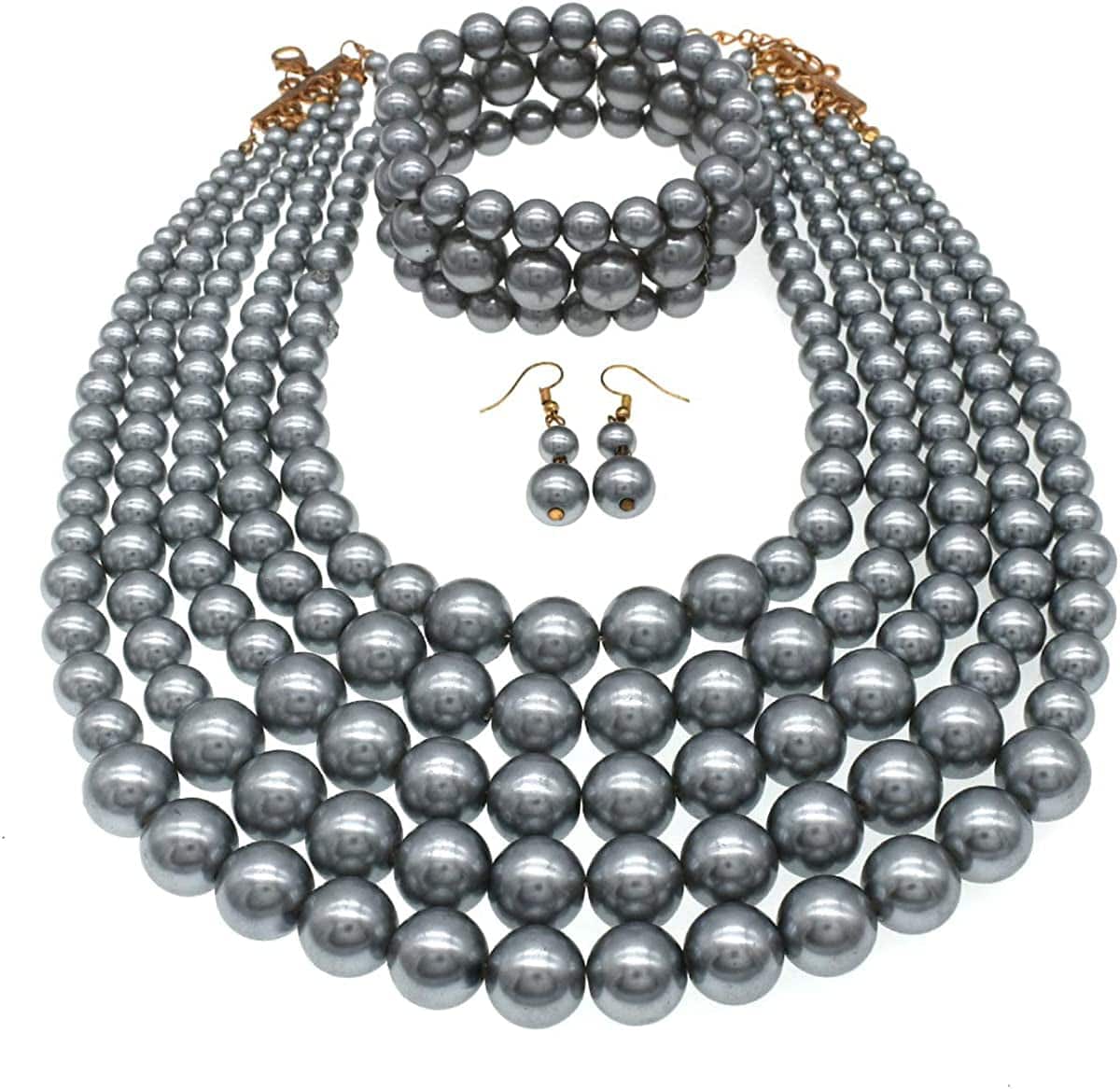 Multi Layer Pearl Strand Costume Jewelry Sets Pearl Statement Necklace Bracelet and Earrings for Women Grey