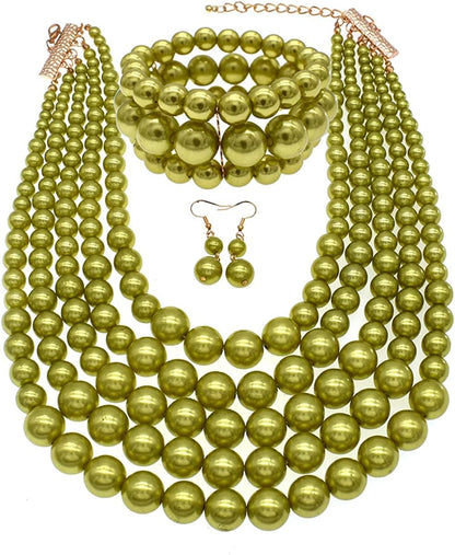 Multi Layer Pearl Strand Costume Jewelry Sets Pearl Statement Necklace Bracelet and Earrings for Women Aqua pearl Necklace