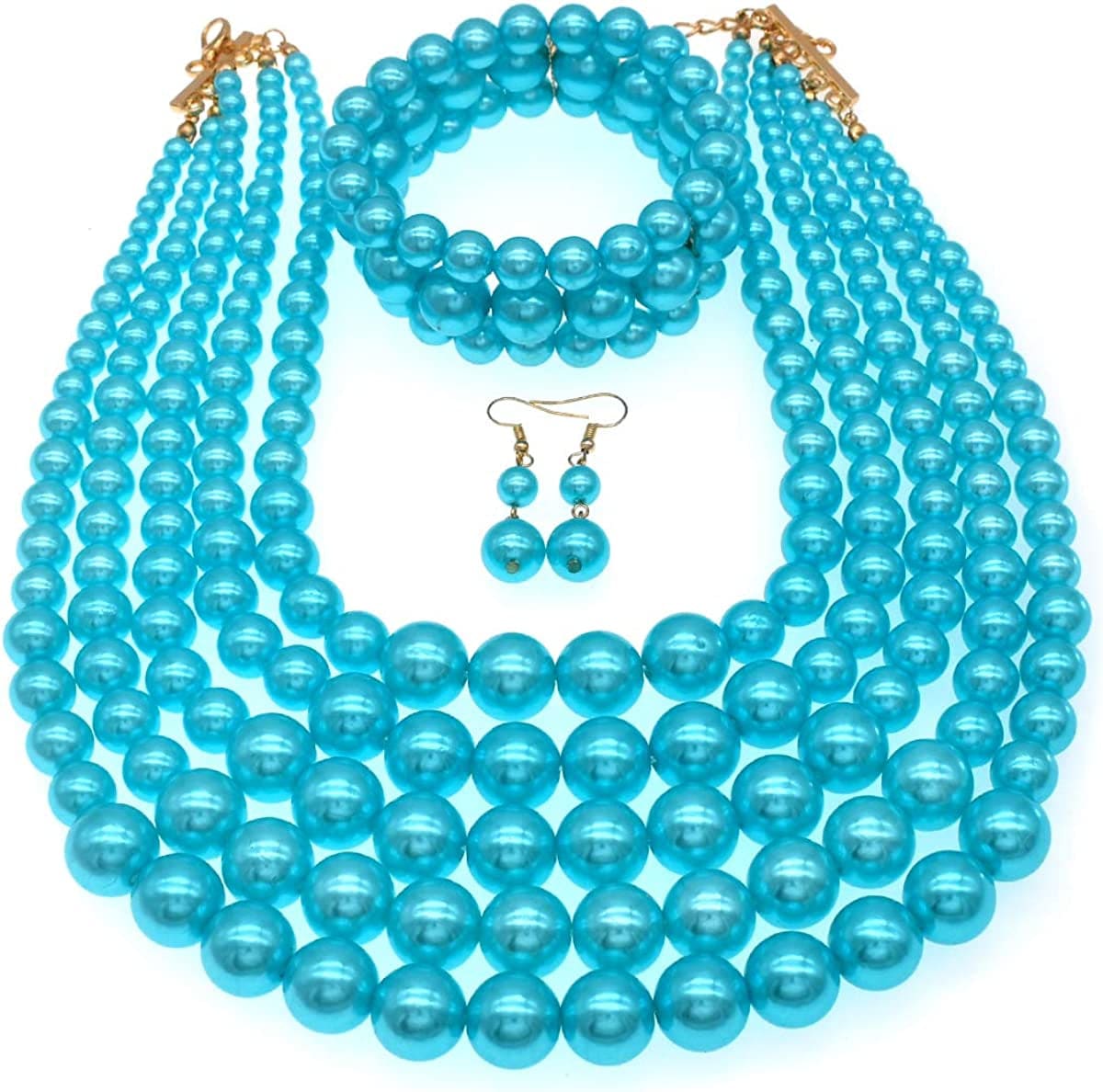 Multi Layer Pearl Strand Costume Jewelry Sets Pearl Statement Necklace Bracelet and Earrings for Women Light blue