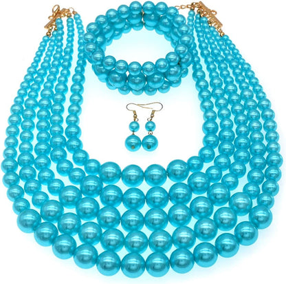 Multi Layer Pearl Strand Costume Jewelry Sets Pearl Statement Necklace Bracelet and Earrings for Women Light blue