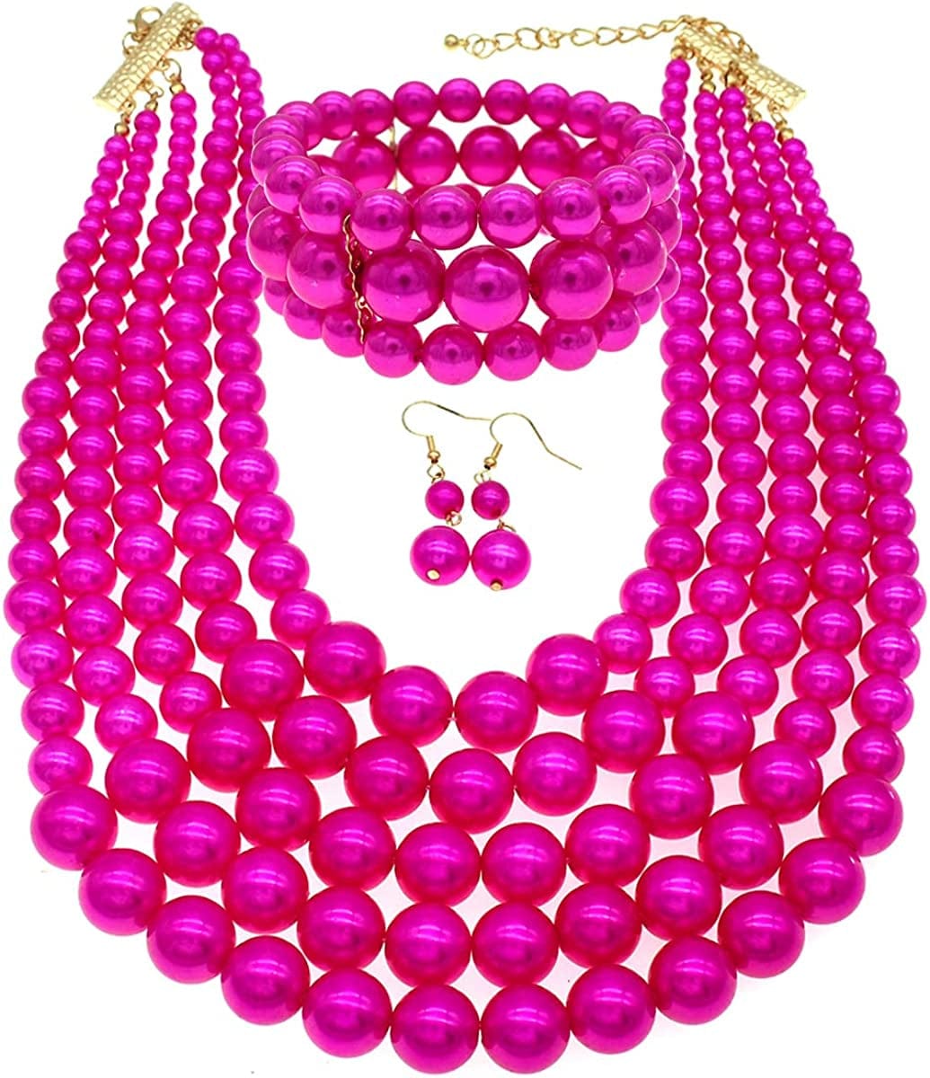 Multi Layer Pearl Strand Costume Jewelry Sets Pearl Statement Necklace Bracelet and Earrings for Women Fuchsia pearl necklace set