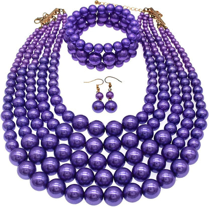 Multi Layer Pearl Strand Costume Jewelry Sets Pearl Statement Necklace Bracelet and Earrings for Women Purple