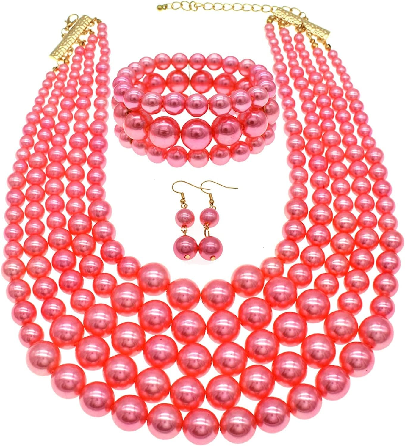 Multi Layer Pearl Strand Costume Jewelry Sets Pearl Statement Necklace Bracelet and Earrings for Women Papaya tone pearl necklace set