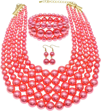 Multi Layer Pearl Strand Costume Jewelry Sets Pearl Statement Necklace Bracelet and Earrings for Women Papaya tone pearl necklace set