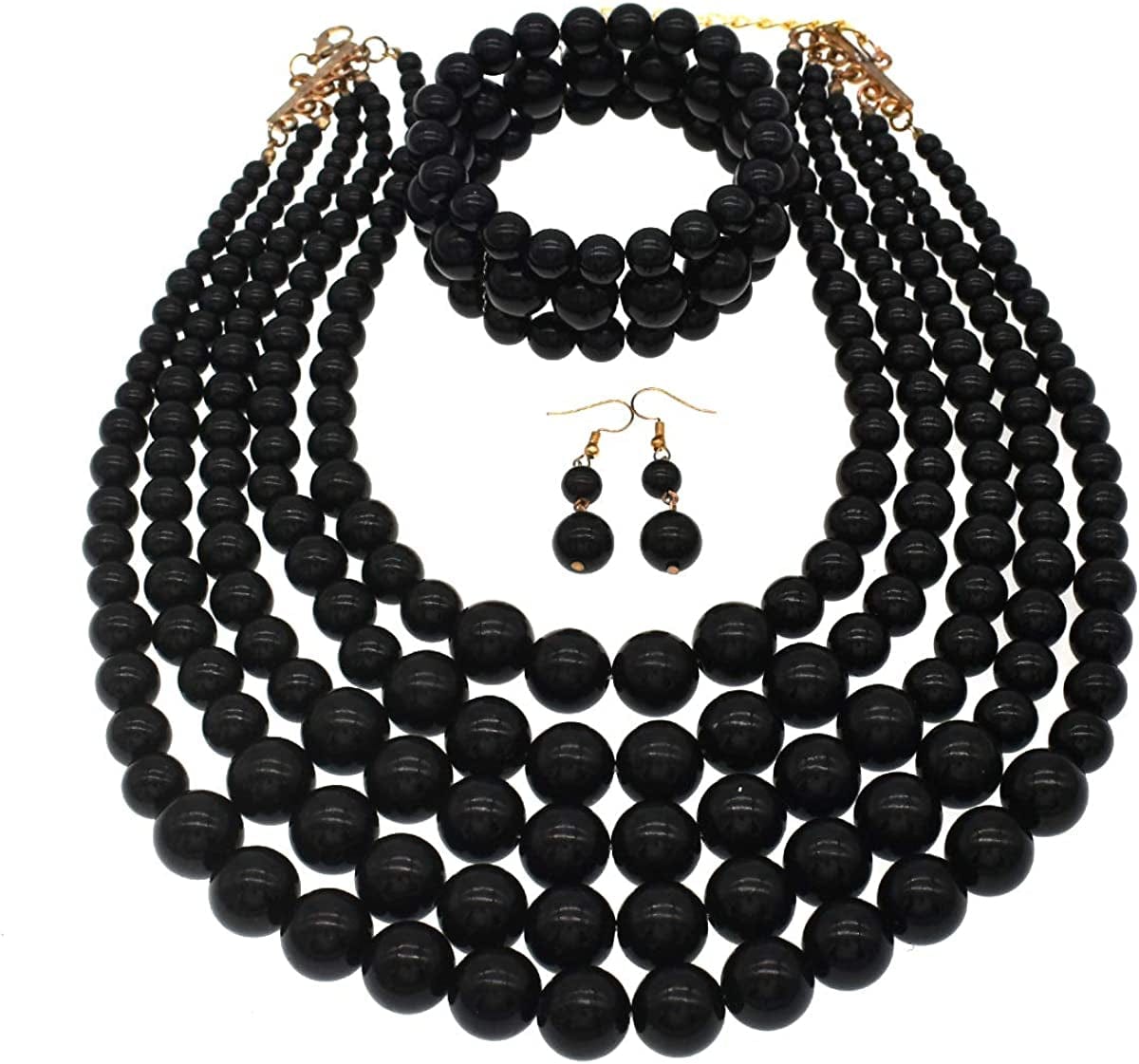 Multi Layer Pearl Strand Costume Jewelry Sets Pearl Statement Necklace Bracelet and Earrings for Women Black