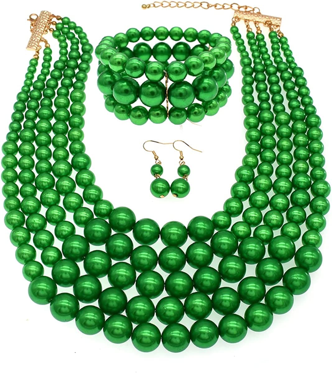Multi Layer Pearl Strand Costume Jewelry Sets Pearl Statement Necklace Bracelet and Earrings for Women Green Pearl Necklace set