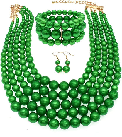 Multi Layer Pearl Strand Costume Jewelry Sets Pearl Statement Necklace Bracelet and Earrings for Women Green Pearl Necklace set