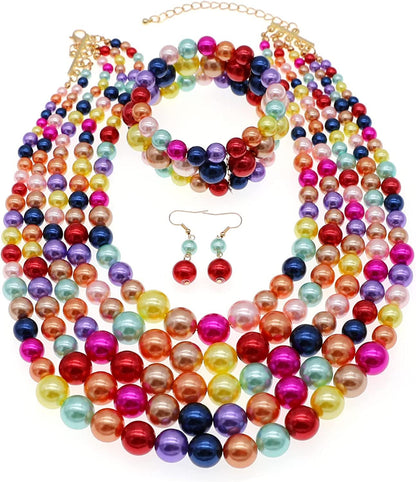Multi Layer Pearl Strand Costume Jewelry Sets Pearl Statement Necklace Bracelet and Earrings for Women Colorful pearl necklace set