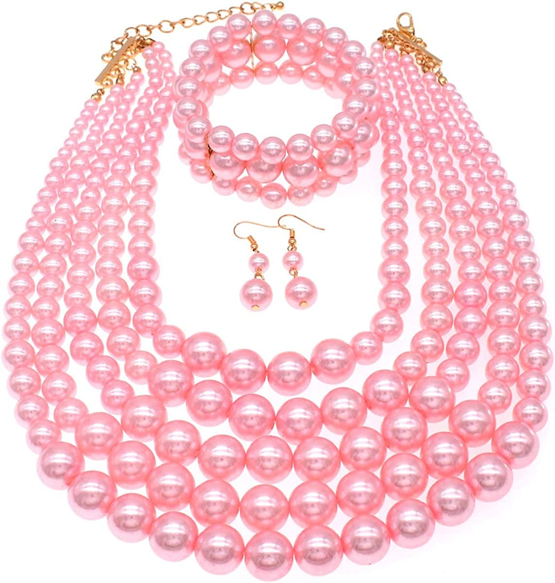 Multi Layer Pearl Strand Costume Jewelry Sets Pearl Statement Necklace Bracelet and Earrings for Women Pink