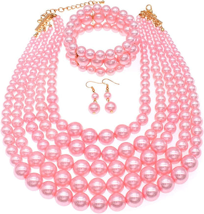 Multi Layer Pearl Strand Costume Jewelry Sets Pearl Statement Necklace Bracelet and Earrings for Women Pink