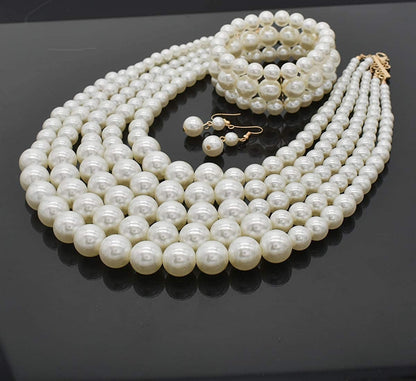 Multi Layer Pearl Strand Costume Jewelry Sets Pearl Statement Necklace Bracelet and Earrings for Women