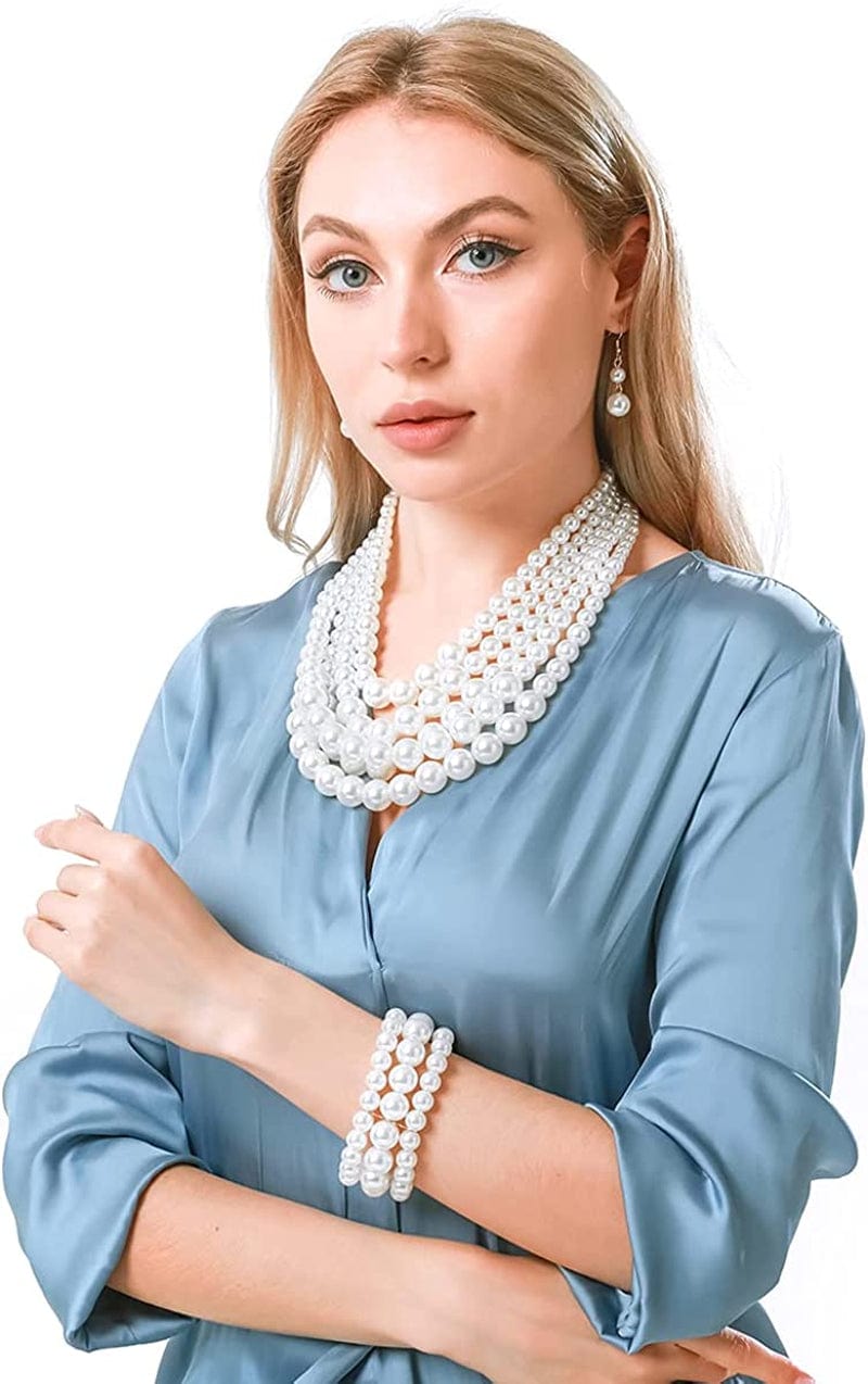Multi Layer Pearl Strand Costume Jewelry Sets Pearl Statement Necklace Bracelet and Earrings for Women