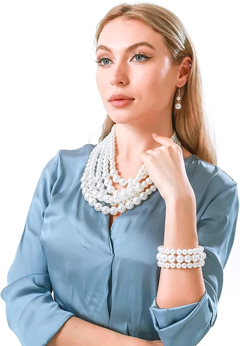 Multi Layer Pearl Strand Costume Jewelry Sets Pearl Statement Necklace Bracelet and Earrings for Women