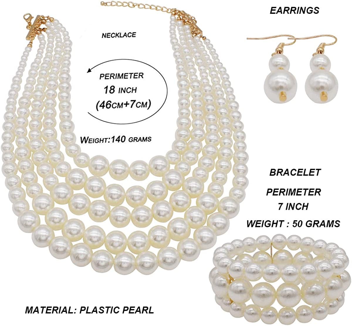 Multi Layer Pearl Strand Costume Jewelry Sets Pearl Statement Necklace Bracelet and Earrings for Women