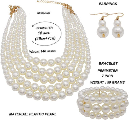 Multi Layer Pearl Strand Costume Jewelry Sets Pearl Statement Necklace Bracelet and Earrings for Women