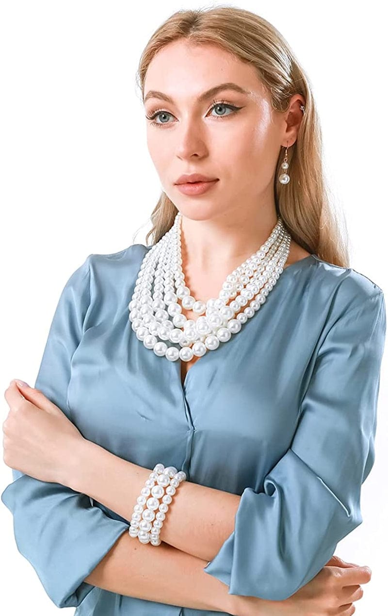 Multi Layer Pearl Strand Costume Jewelry Sets Pearl Statement Necklace Bracelet and Earrings for Women