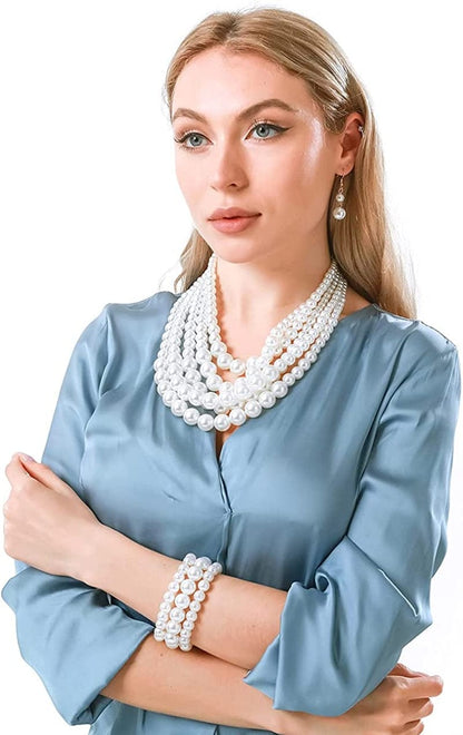 Multi Layer Pearl Strand Costume Jewelry Sets Pearl Statement Necklace Bracelet and Earrings for Women