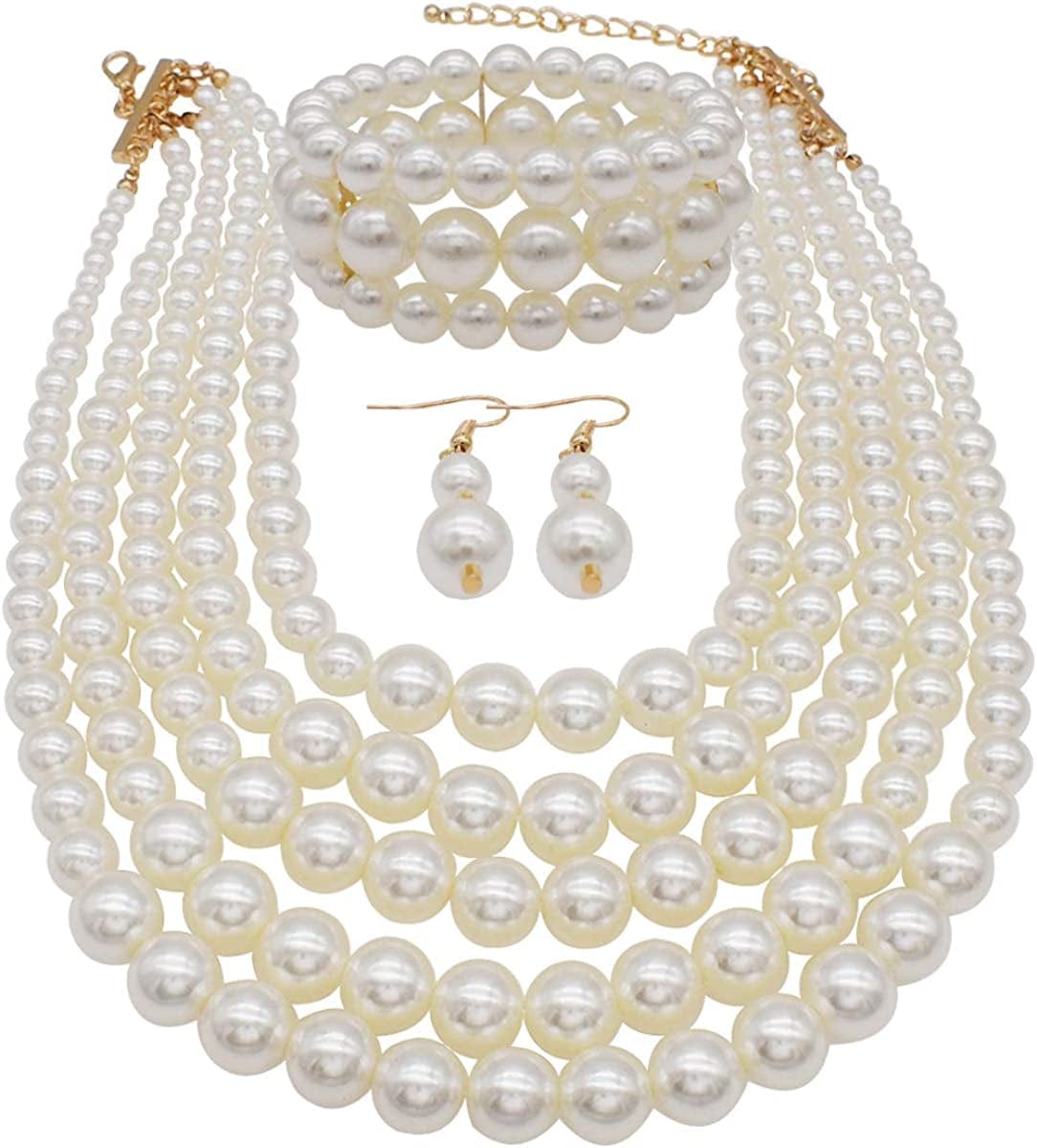 Multi Layer Pearl Strand Costume Jewelry Sets Pearl Statement Necklace Bracelet and Earrings for Women White