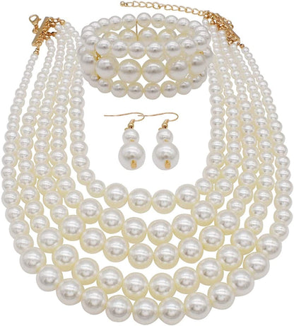 Multi Layer Pearl Strand Costume Jewelry Sets Pearl Statement Necklace Bracelet and Earrings for Women White