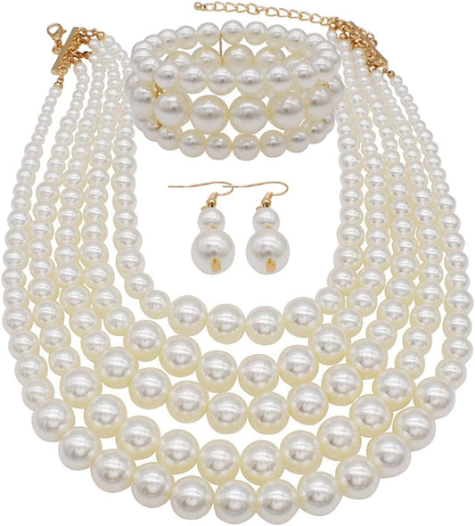 Multi Layer Pearl Strand Costume Jewelry Sets Pearl Statement Necklace Bracelet and Earrings for Women White